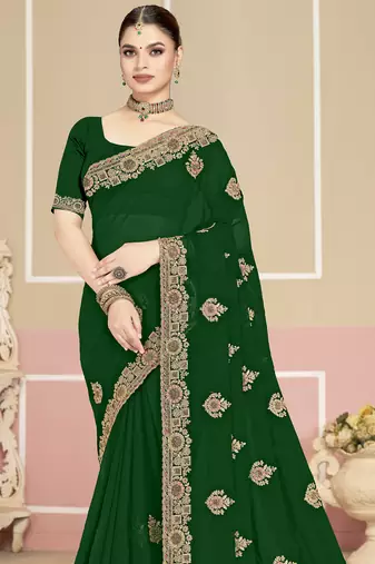 Green sequin embroidered work georgette designer saree for women