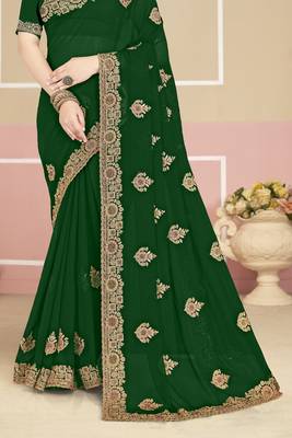 Green sequin embroidered work georgette designer saree for women 5