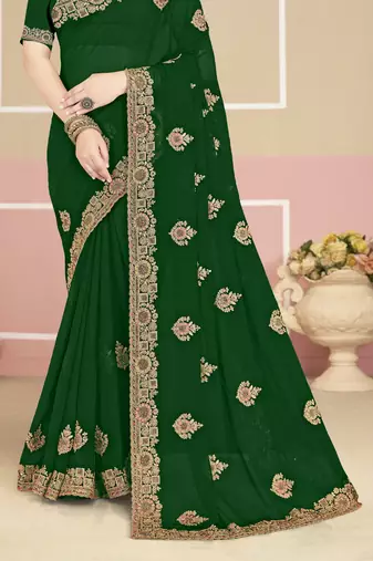 Green sequin embroidered work georgette designer saree for women