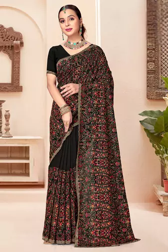 Black kashmiri resham embroidery work georgette saree for women