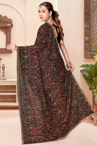 Black kashmiri resham embroidery work georgette saree for women