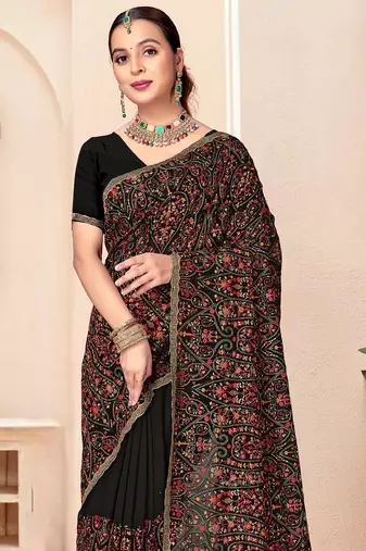 Black kashmiri resham embroidery work georgette saree for women