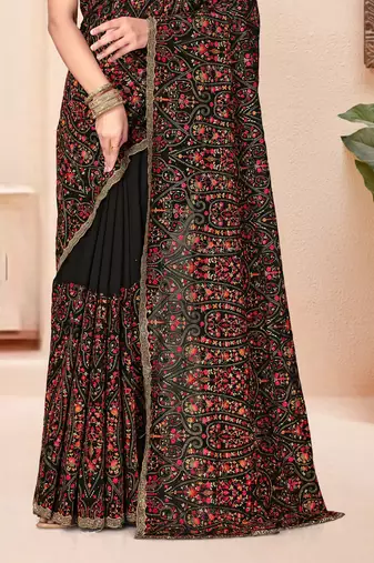 Black kashmiri resham embroidery work georgette saree for women