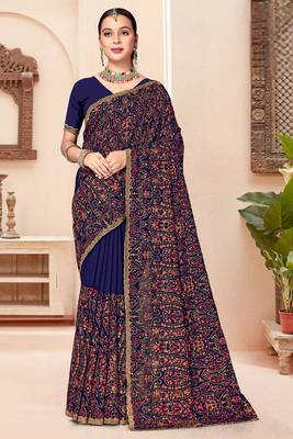 Navy blue kashmiri resham embroidery work georgette saree for women 1