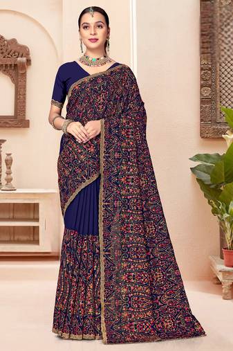 Navy blue kashmiri resham embroidery work georgette saree for women