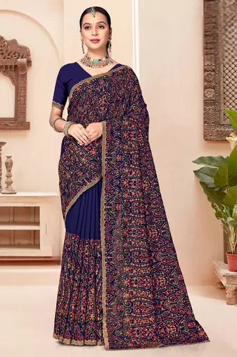 Navy blue kashmiri resham embroidery work georgette saree for women