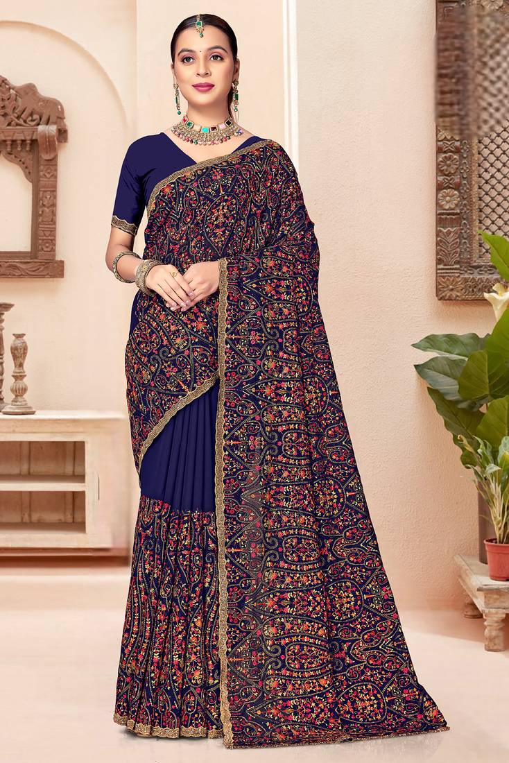 Navy blue kashmiri resham embroidery work georgette saree for women
