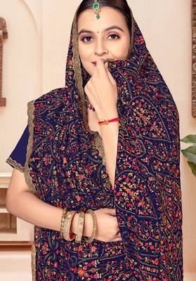 Navy blue kashmiri resham embroidery work georgette saree for women 2
