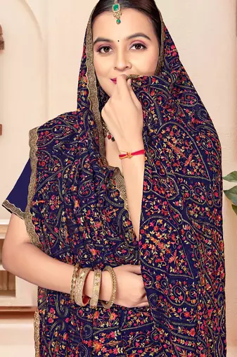 Navy blue kashmiri resham embroidery work georgette saree for women
