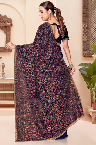 Navy blue kashmiri resham embroidery work georgette saree for women