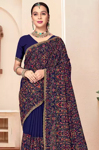 Navy blue kashmiri resham embroidery work georgette saree for women