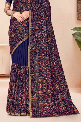 Navy blue kashmiri resham embroidery work georgette saree for women