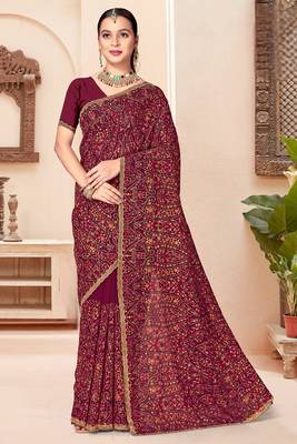 Wine kashmiri resham embroidery work georgette saree for women 1