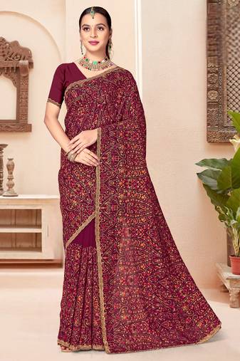 Wine kashmiri resham embroidery work georgette saree for women
