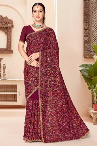 Wine kashmiri resham embroidery work georgette saree for women