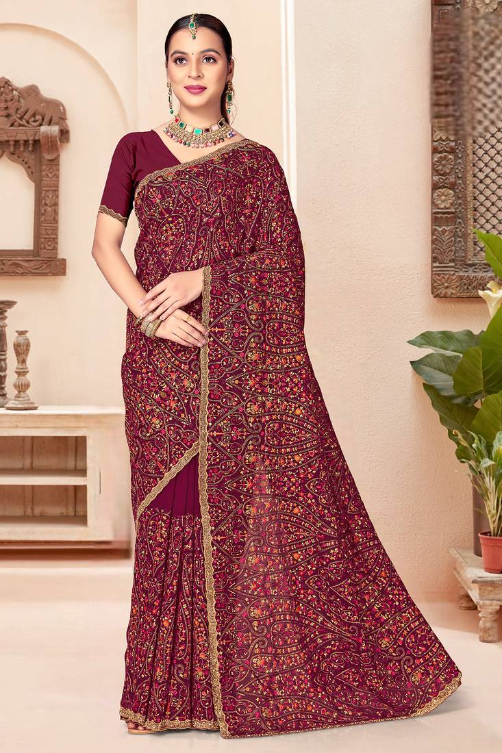 Wine kashmiri resham embroidery work georgette saree for women