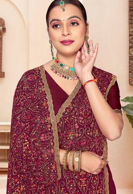 Wine kashmiri resham embroidery work georgette saree for women 2