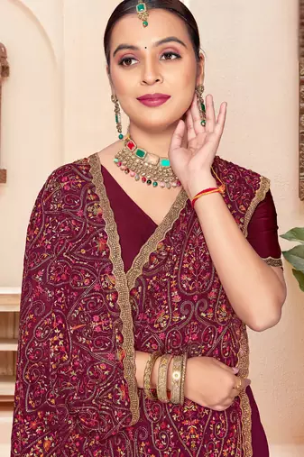 Wine kashmiri resham embroidery work georgette saree for women