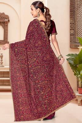 Wine kashmiri resham embroidery work georgette saree for women 3