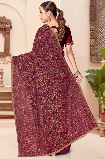 Wine kashmiri resham embroidery work georgette saree for women