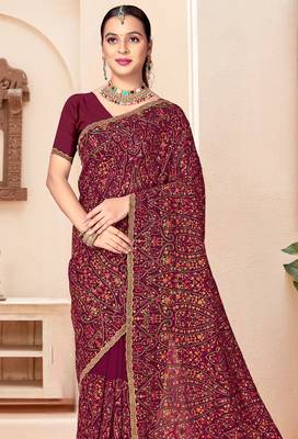 Wine kashmiri resham embroidery work georgette saree for women 4