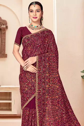 Wine kashmiri resham embroidery work georgette saree for women