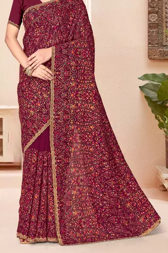 Wine kashmiri resham embroidery work georgette saree for women