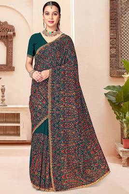 Teal blue kashmiri resham embroidery work georgette saree for women 1