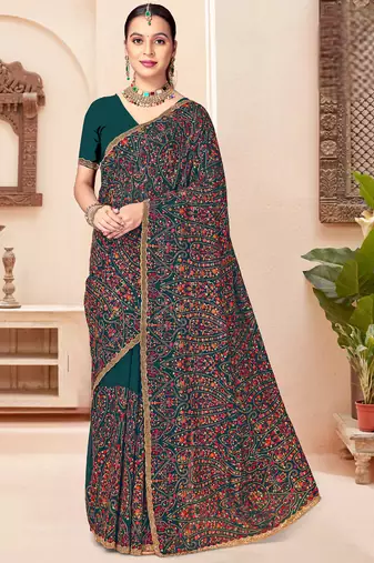 Teal blue kashmiri resham embroidery work georgette saree for women