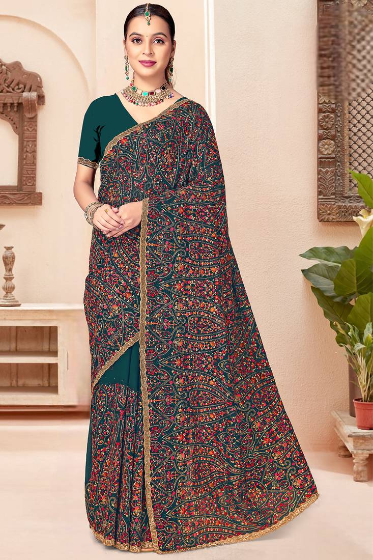 Teal blue kashmiri resham embroidery work georgette saree for women
