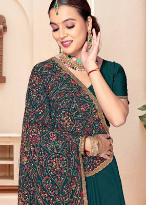 Teal blue kashmiri resham embroidery work georgette saree for women 2