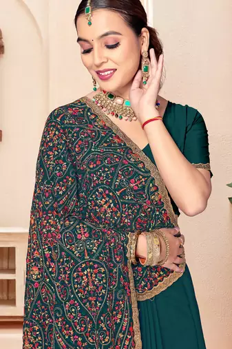 Teal blue kashmiri resham embroidery work georgette saree for women