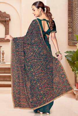 Teal blue kashmiri resham embroidery work georgette saree for women 3
