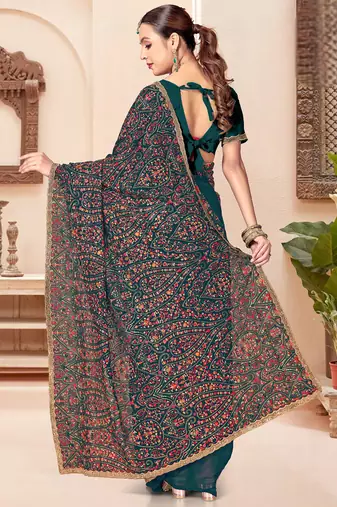 Teal blue kashmiri resham embroidery work georgette saree for women