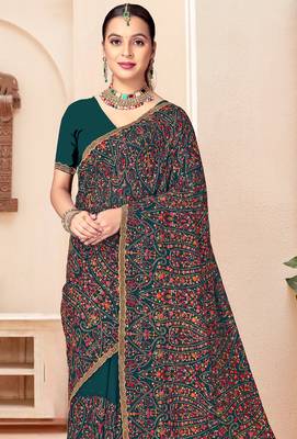 Teal blue kashmiri resham embroidery work georgette saree for women 4
