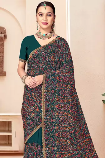 Teal blue kashmiri resham embroidery work georgette saree for women