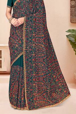 Teal blue kashmiri resham embroidery work georgette saree for women 5