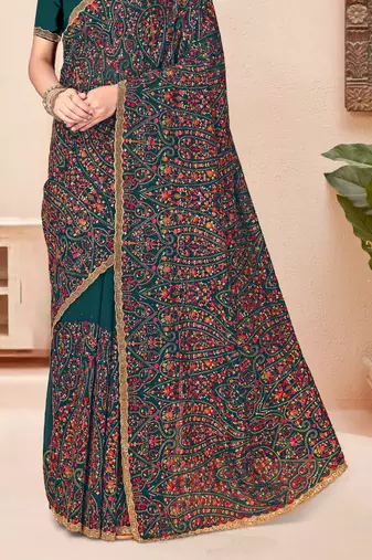 Teal blue kashmiri resham embroidery work georgette saree for women