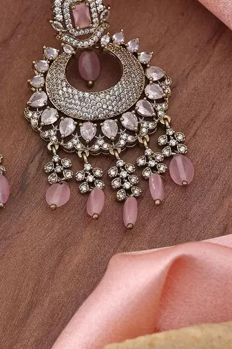 Pink color american diamond earrings