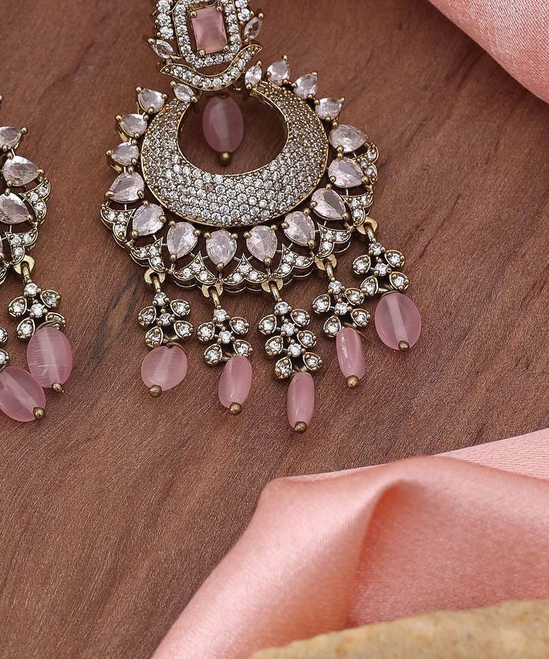 Pink color american diamond earrings