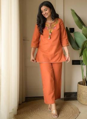 Floral embroidered round neck  cotton co-ord set 1