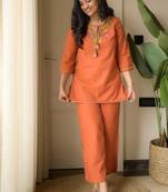 Floral embroidered round neck pure cotton co-ord set