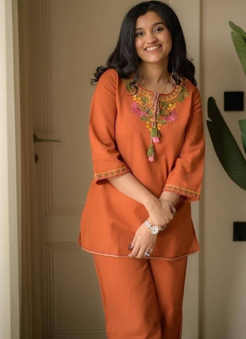 Floral embroidered round neck pure cotton co-ord set