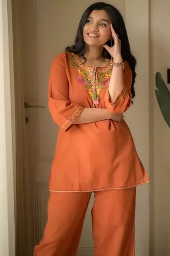 Floral embroidered round neck  cotton co-ord set