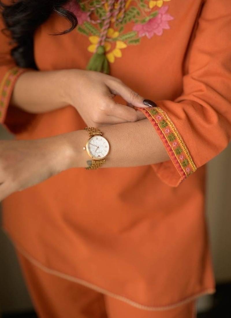 Floral embroidered round neck pure cotton co-ord set