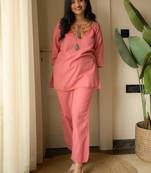 Floral embroidered round neck pure cotton co-ord set