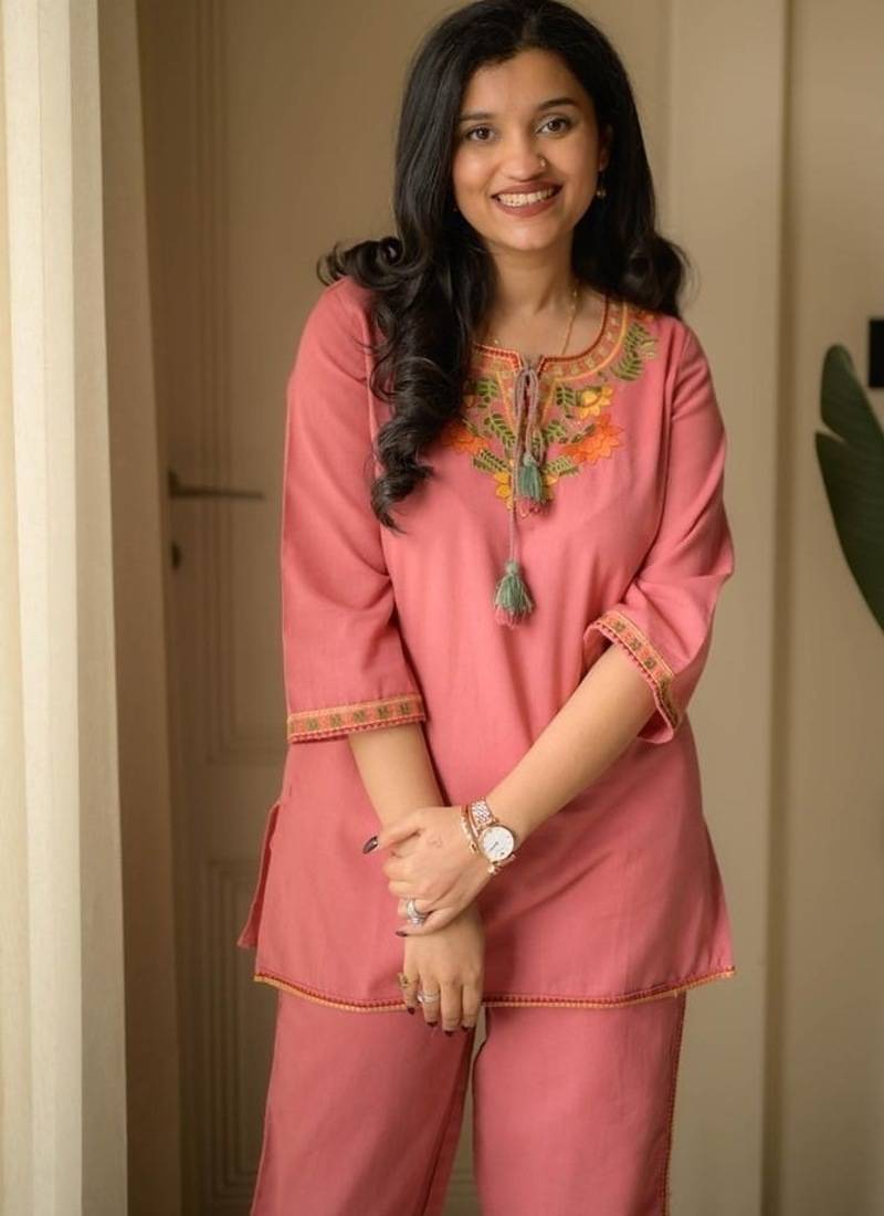 Floral embroidered round neck pure cotton co-ord set