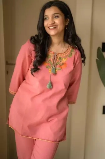 Floral embroidered round neck  cotton co-ord set