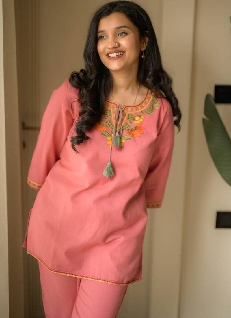 Floral embroidered round neck pure cotton co-ord set