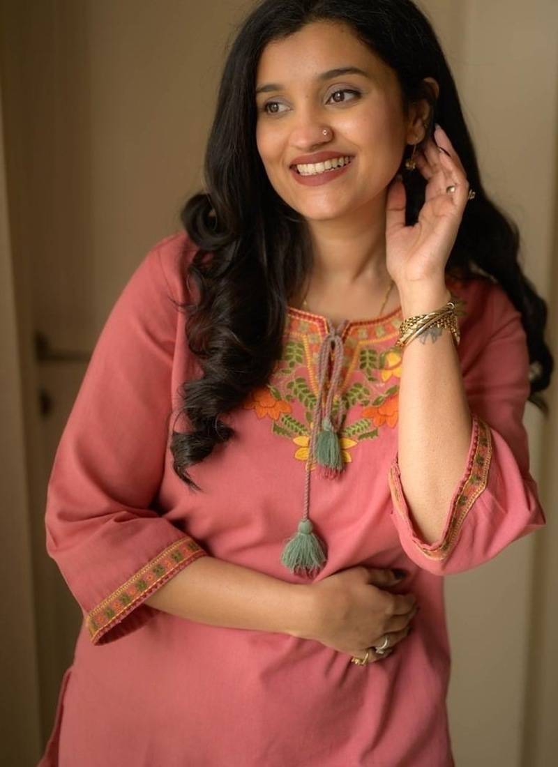 Floral embroidered round neck pure cotton co-ord set